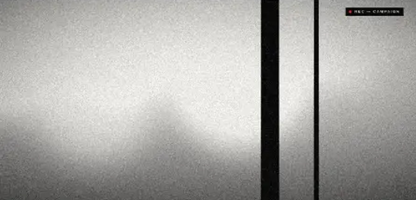 Grainy monochrome film frame with stark vertical shadows