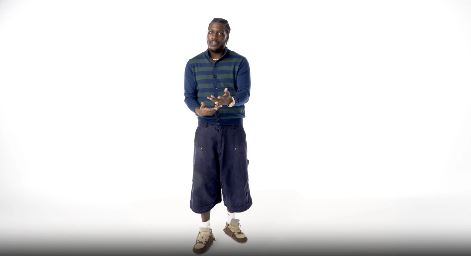 Man in a striped cardigan and baggy shorts gesturing on a white studio set